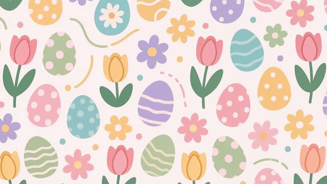 Playful spring pattern background with flowers and easter eggs