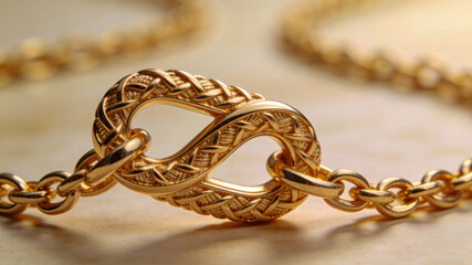 An isolated closeup of a golden necklace featuring a heart shape pendant and diamond links, representing a strong symbol of love and a decorative metal accessory