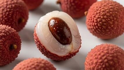 Fresh lychee fruit and cut lychee with seed visible
