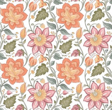 Floral vintage seamless pattern in Jacobean style for retro wallpapers. Enchanted Vintage Flowers. Chintz inspired. Design for wrapping paper, wallpaper