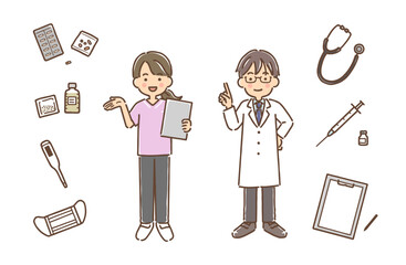 スクラブ姿の看護師・白衣の医師・医療アイテム／セット