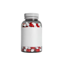 Clear plastic bottle containing round red and white capsules