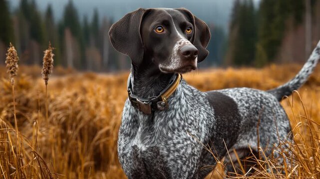 A stunning German short haired pointer stands proud amidst a golden field. The beauty of nature surrounds as this pup gazes into the distance, showcasing its graceful stature and striking features.