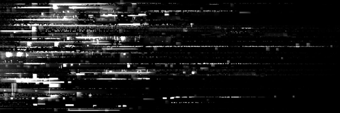 Digital glitch texture with pixelated noise effect. Vector realistic illustration of abstract video rewind pattern on black screen background, static noise overlay, retro tv display, signal distortion