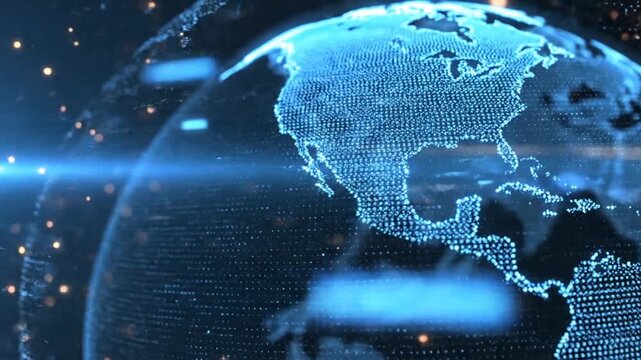 Digital earth graphic motion background with glowing particles and light streaks creating dynamic abstract technology network connections around globe