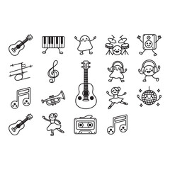 Music and Dance Doodle Icon Set Funny Cartoon Line Art Collection