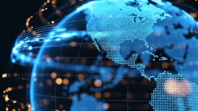 Futuristic digital globe with glowing network lines connecting across continents showcasing global data flow and advanced technology motion in a dark abstract background