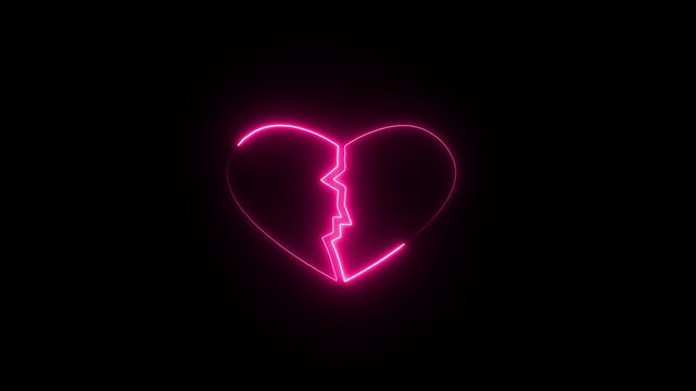 Animation Neon broken red heart icon black background 4k video.	