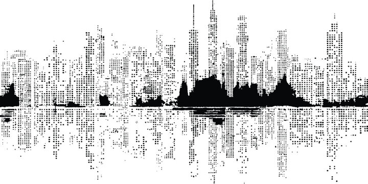 Abstract black and white halftone cityscape reflection, grunge geometric dot pattern vector illustration background.