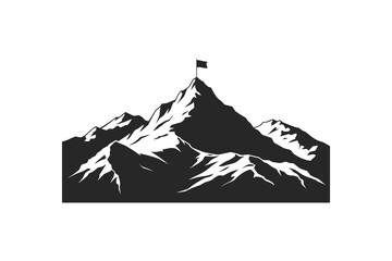 Naklejka premium Vector mountain range with flag on peak, silhouette illustration for logo or icon, isolated on transparent background, png