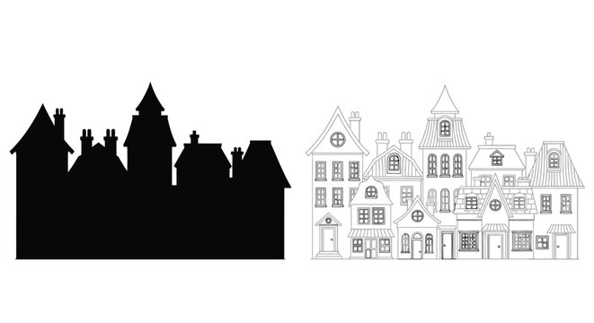 Two contrasting illustrations of a detailed ornate victorian house