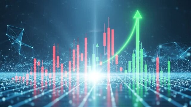 Financial chart showing stock market growth with green and red bars, indicating trends.