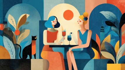 お店でくつろぐ女性二人のイラスト