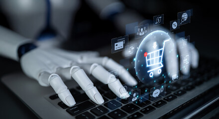 Fototapeta na wymiar An AI assistant manages a global e-commerce marketplace, personalizing the online shopping experience. The system optimizes the customer journey from product search to final payment. Fermion