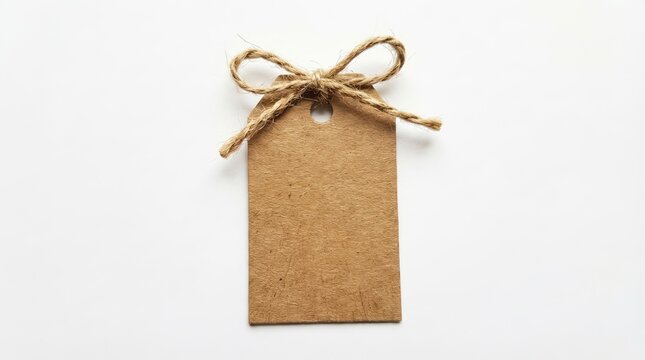 Kraft paper tag with a tied string bow resting on a clean white background showcasing its texture and simplicity object on white and png