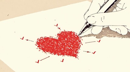 赤いハートのイラストを描く手