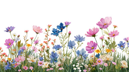 Fototapeta premium Colorful wildflower border with pink blue and yellow blossoms on black background flowers floral
