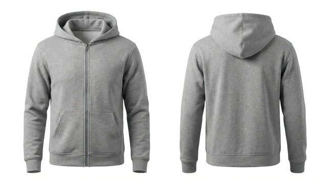 Gray zip-up hoodie displayed from the front and back showcasing a simple and casual isolated on a neutral background with png background