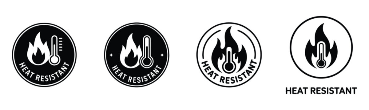 Set of heat resistant icons with flame and thermometer, black and white vector graphics