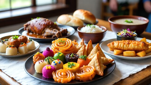 Assortment of vibrant Indian sweets, savory dishes, and baked goods on a