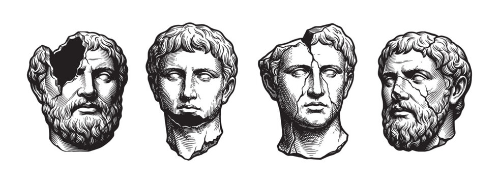 Broken Classical Male Statue Heads Engraving