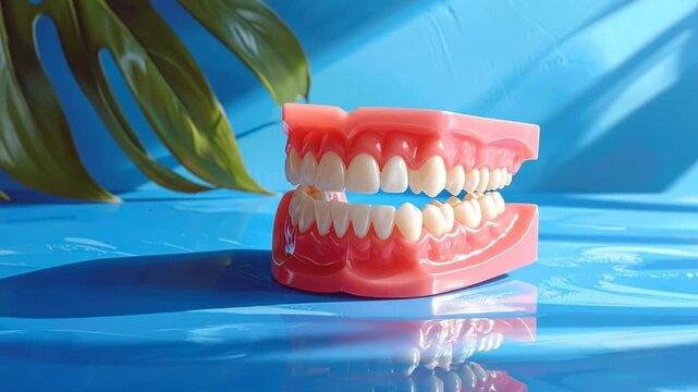 Dental model showcasing healthy teeth and gums, set against a vibrant blue background.