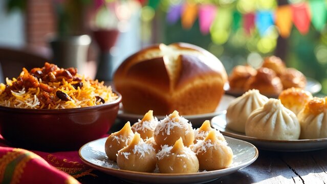 Vibrant outdoor feast with rice, modak sweets, and dumplings under