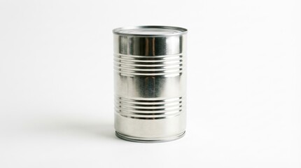 Shiny metal can with vertical lines and a smooth surface standing upright on a plain white isolated on a neutral background with png background
