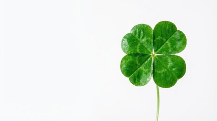Four leaf clover with vibrant green leaves on a solid white background creating a fresh and natural solid white background and no background