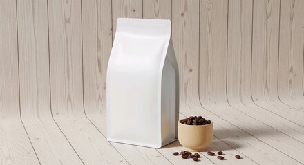 Minimalist coffee packaging mockup featuring a blank white resealable pouch placed on a light wooden background.