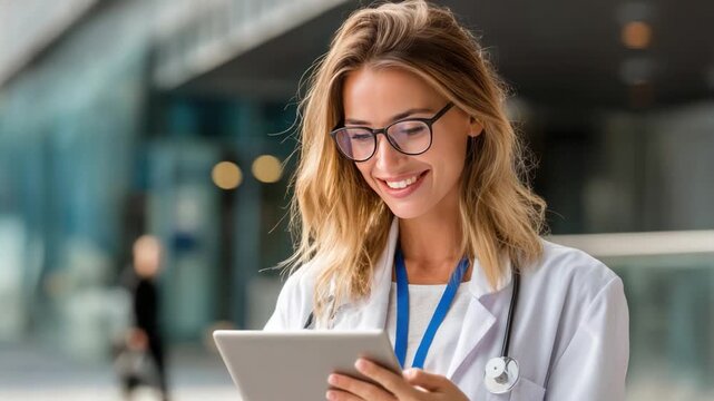 Medical Professional at Work: A radiant female medical expert meticulously reviews digital information on a sleek tablet, exhibiting an embodiment of diligence and empathy.