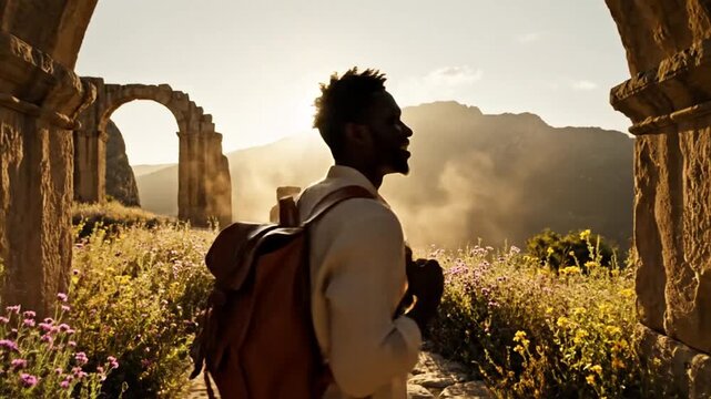 Lone traveler in a leather backpack walks toward sunlit ancient arches along a cobblestone path