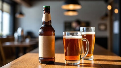 A condensation-covered bottle of beer and two glasses of foamy ale on a