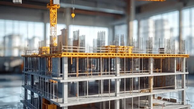 Construction site featuring a multi-story building under development with a crane.