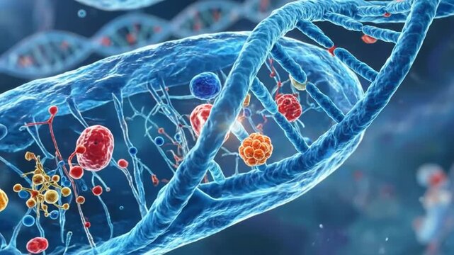 Abstract representation of DNA structure with cells, molecules, and genetic information floating in space.