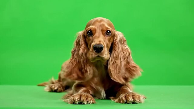 Adorable golden cocker spaniel dog looking attentively forward on a vibrant green background