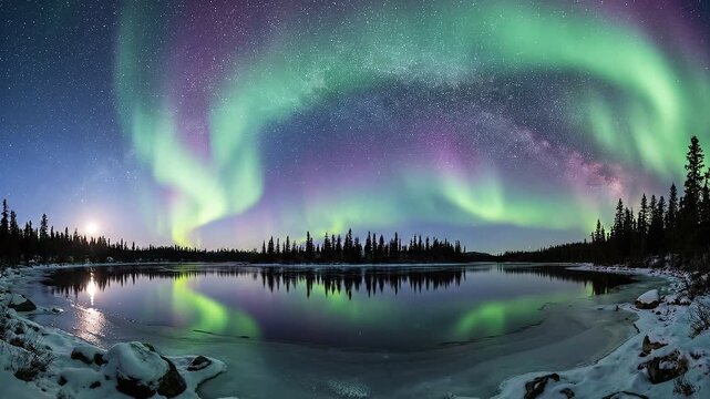 Vibrant northern lights shimmer above a mirror-like lake casting ether