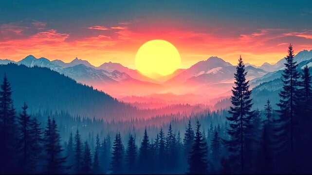 Sunset over mountains with pine trees silhouette