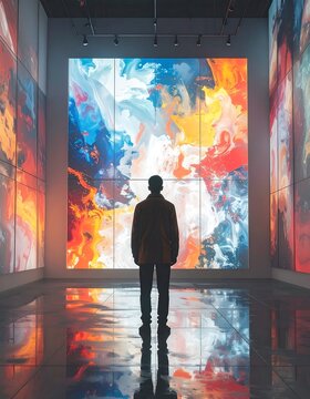 A person views vibrant artwork in a gallery