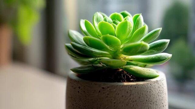 Green succulent plant in concrete pot on window sill zooming in to close up with urban city background