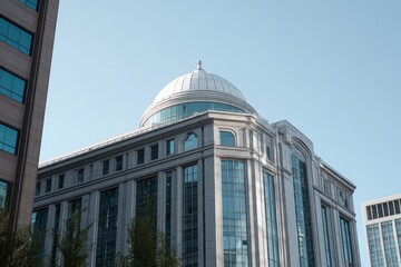 Fototapeta premium Vibrant photo of Modern office building with a white dome against a clear blue sky