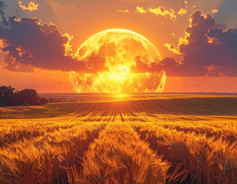 A close-up of the sun setting over wheat field horizon