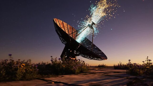 Lone weathered satellite dish tilts toward a twilight sky, rusted grid catching the last light