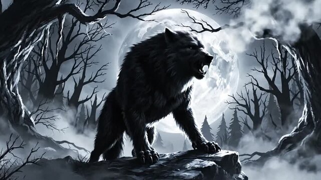 Lone werewolf standing on a rocky outcrop under a full moon in a misty forest