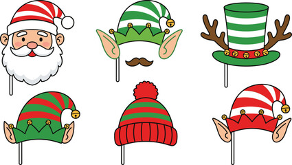  photo booth props set with Santa and elf hats, reindeer antlers, festive holiday accessories, vector illustration © Sree