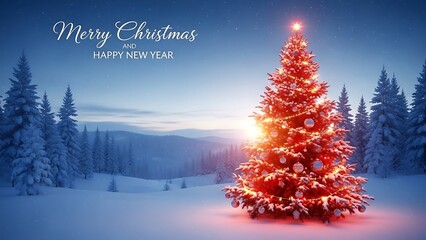 Naklejka premium Christmas tree illuminated against snow covered landscape and forest background