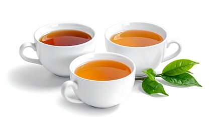 Three Cups of Hot Tea with Fresh Green Leaves.