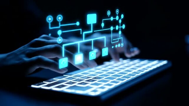 Hands typing on a glowing keyboard with digital flowchart.