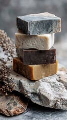 Stack of natural artisanal soap bars on textured stone with dried botanicals