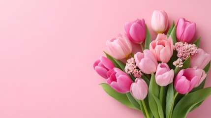 Obraz premium Bright and cheerful spring flowers fill the scene with colors of soft pink and white. The bouquet features various tulips nestled among lush greenery on a gentle pink backdrop